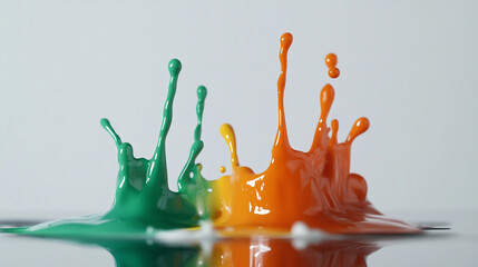 Poster - Green and orange paint splashes colliding in mid-air