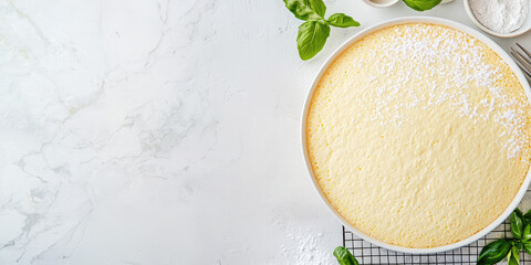 Wall Mural - Fresh baked plain vanilla sponge cake on cooking iron grid, white table with Cooking utensils and ingredients, chiffon Cake, homemade