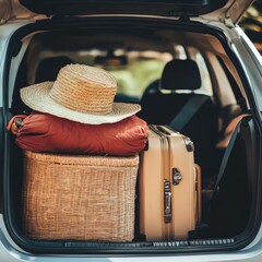 Poster - Car trunk filled with luggage and a hat, useful for travel or adventure scenes