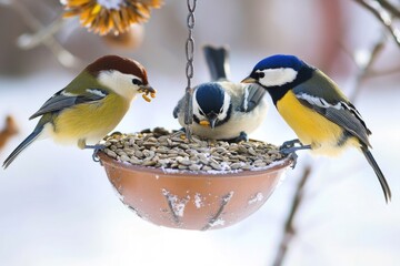 Poster - A group of birds perched on a bird feeder, enjoying their meal