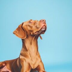 Canvas Print - A brown dog is lying down on a blue surface, possibly a mat or a blanket