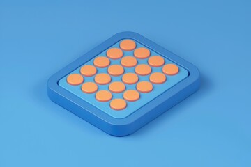 Fototapete - A 3D rendering of a blue square toy with orange circles, resembling a simplified pop-it fidget toy.