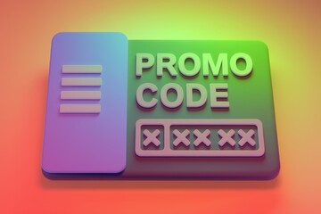 Poster - A 3D render of a promo code interface with a hidden code and menu icon.