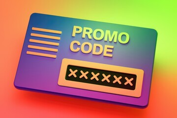 Poster - A vibrant 3D promo code card displays a hidden alphanumeric code for discounts or offers.