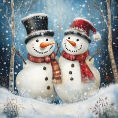 Poster - A winter scene with two snowmen wearing hats and scarves, standing outside