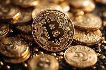 Aufkleber - A stack of shiny golden bitcoins, perfect for illustrating financial success or wealth