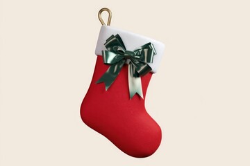 Aufkleber - A red Christmas stocking with a green ribbon bow, ready for gifts.
