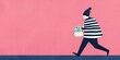 © walaiporn - A stylized figure in a striped outfit carries a bucket of cash while walking against a pink background.