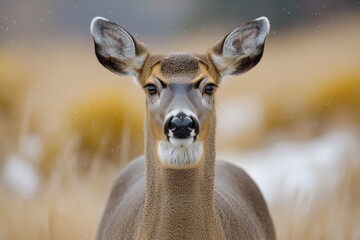 Poster - A deer stands alone in a snow-covered field, surrounded by winter scenery