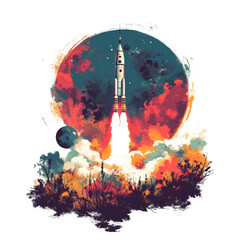 Aufkleber - A stylized artwork depicting a rocket launching into space through fiery clouds and a dramatic painted backdrop.