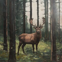 Poster - A deer stands in a forest, surrounded by trees and foliage
