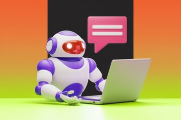Poster - A friendly robot uses a laptop to communicate and provide assistance.