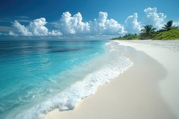 Poster - A serene beach scene with white sand, blue water, and fluffy clouds