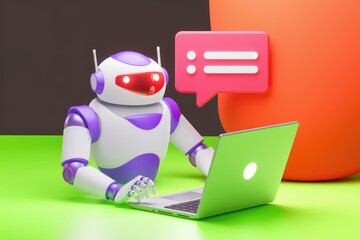 Poster - A cute robot uses a laptop to communicate and process information efficiently.