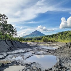 Poster - A muddy road leads to a distant mountain in a serene natural environment