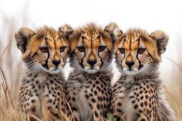 Aufkleber - Three young cheetahs rest in a field of tall grass, showcasing their playful nature