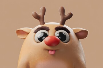 Poster - Adorable 3D rendered reindeer with big eyes, a red nose, and antlers, playfully sticking out its tongue.
