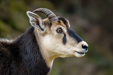 Poster - A detailed view of a goat's face with a distinctive long horn, suitable for editorial or commercial use