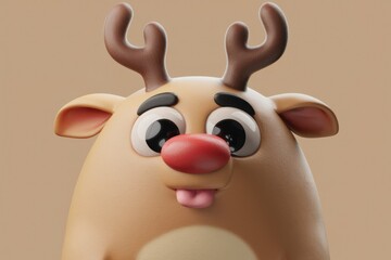 Aufkleber - Adorable 3D cartoon reindeer with big eyes, red nose, and antlers, displaying a playful expression.