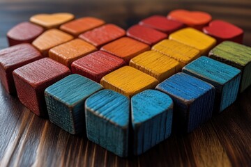 Poster - A unique wooden heart created with blocks on a table, perfect for decorative purposes or as a creative project idea