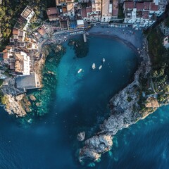 Poster - Aerial view of a beach with boats moored in the water, perfect for travel or outdoor recreation use