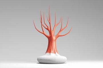 Poster - Abstract coral-colored tree sculpture on a white base, minimalist design.