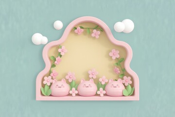 Poster - Three cute pink cat characters in a flower-filled pink frame against a pastel green background.