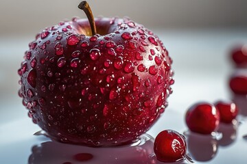 Poster - A close-up shot of a juicy red apple with tiny water droplets glistening on its surface