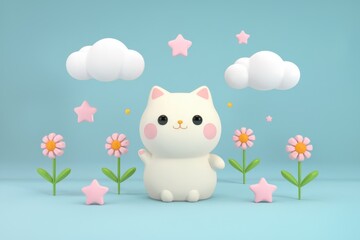 Poster - Adorable 3D cartoon cat surrounded by pink flowers, clouds, and stars on a light blue background.