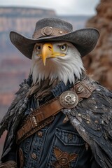 Poster - A close-up view of a bald eagle dressed in cowboy attire, ideal for use in patriotic or western-themed projects