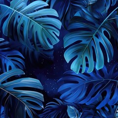 Poster - Close-up shot of colorful tropical leaves against a dark blue background, ideal for travel or nature-themed designs