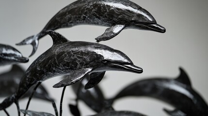 Poster - A unique sculpture of metal dolphins stacked on top of each other, great for artistic or futuristic concepts