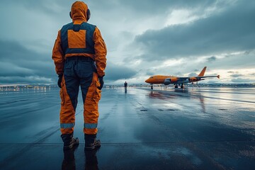 Poster - A person waiting at the airport gate with an orange jacket and boarding pass