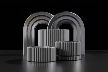 Poster - Stylish metallic cylindrical podiums and arches create a modern, elegant display for product presentation.