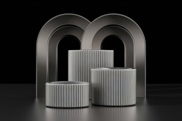 Poster - Three ribbed cylindrical podiums stand within a pair of dark archways, creating a minimalist, elegant display.