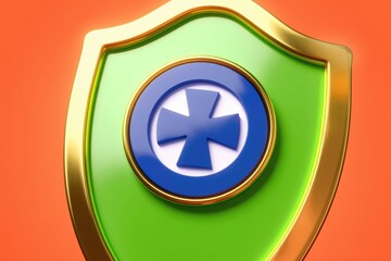 Poster - A green shield with a gold border and a blue cross emblem inside, symbolizing protection and healthcare.