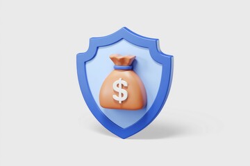 Poster - A 3D render of a blue shield protecting a money bag, symbolizing financial security.