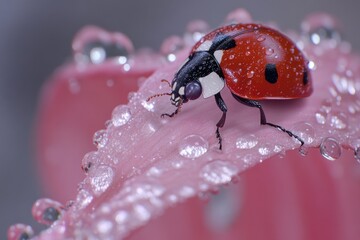Aufkleber - A ladybug sits on top of a pink flower, offering a sweet and simple moment