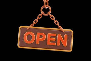 Poster - A 3D rendered image of a hanging brown 'OPEN' sign with orange letters.