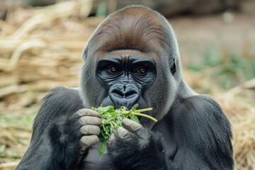 Poster - Close-up of a gorilla munching on a plant, great for wildlife or nature scenes