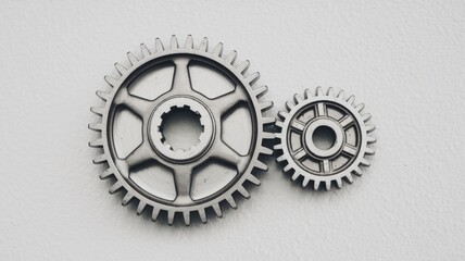 Aufkleber - Two metallic gears interlock, symbolizing teamwork, mechanics, and industrial processes.
