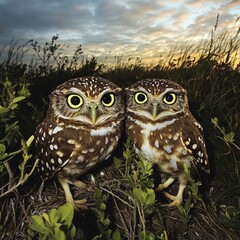 Poster - Two owls perched on a verdant meadow, natural habitat