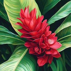 Poster - A bright red flower sits among lush green leaves, highlighting the beauty of nature