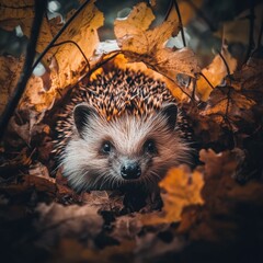 Aufkleber - A hedge is partially buried in a pile of leaves, creating an interesting and natural scene