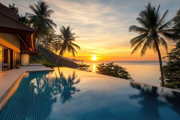 Wall Mural - A serene pool scene at sunset overlooking the ocean