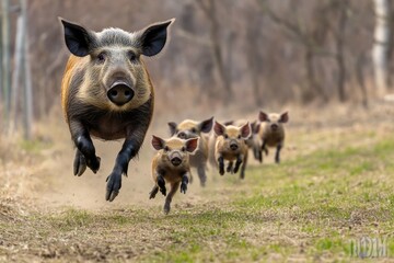 Aufkleber - A group of pigs are seen running down a dirt road, creating a fun and playful scene