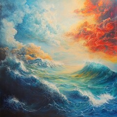 Poster - A beautiful sunset with orange and pink hues reflected on the calm ocean waves, perfect for travel or nature-inspired designs