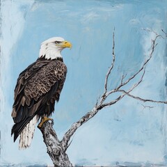 Poster - A majestic bald eagle sitting on a tree branch, looking out at the landscape