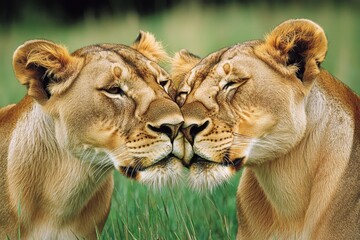 Poster - Two lions standing side by side, possibly in a pride or for mating rituals