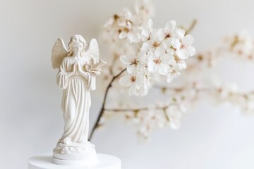 Poster - A serene angel holds a blooming flower, suitable for use in art, design or spiritual contexts
